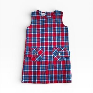 VTG 60s Plaid Tartan Shift Jumper Dress Mod Scooter Mini GOGO Red Girls 14